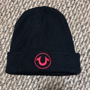 True Religion Black Beanie with Red Emblem